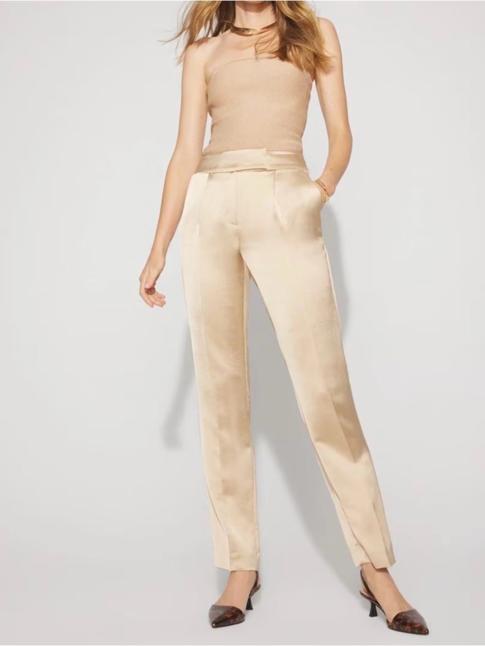 White House Black Market Golden Cream Satin Straight-Leg Pants Size 4 - Picture 2 of 16